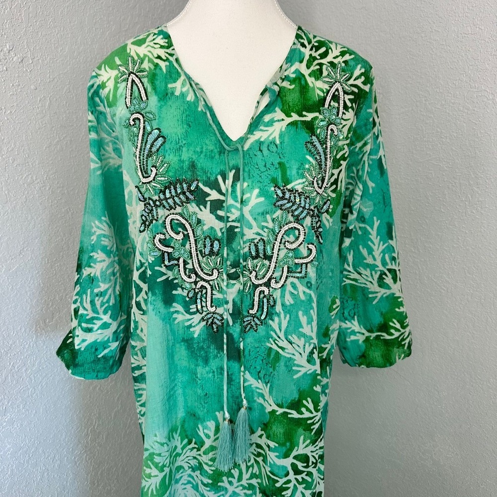 Antica Sartoria Boho Green Embroidered‎ Tassel Tie Caftan Maxi Dress Women's SM
